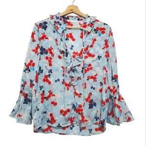 Zara | Floral Tie Ruffle Neck Bell Flare Sleeve Semi-Sheer Blouse - flaw